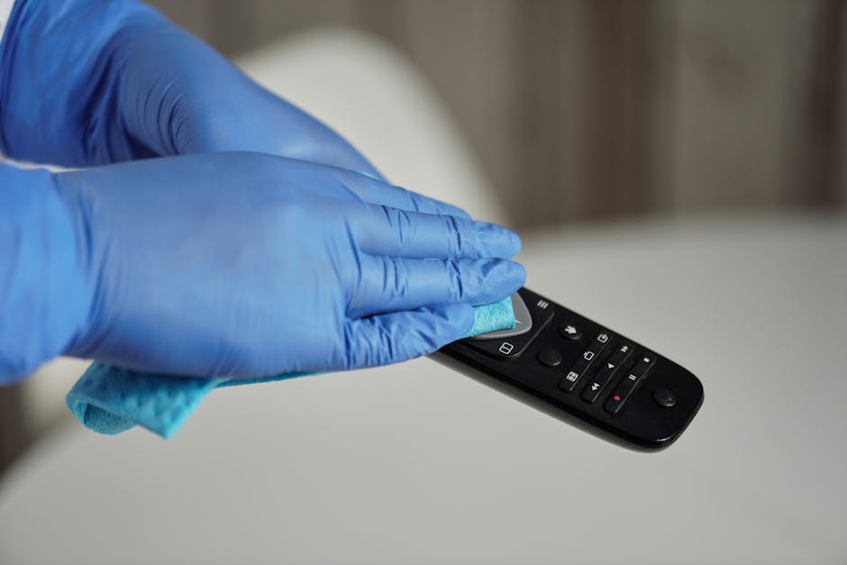 A professional cleaner from Fulham Cleaners wearing a black uniform and black gloves is wiping down a wooden dining table with a cloth in a well-lit, modern living space. The table has a smooth, polis